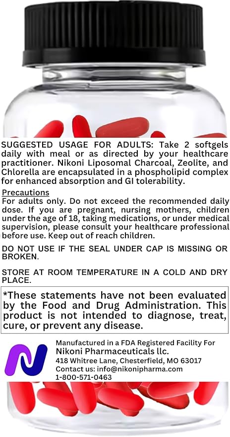 Nikoni Liposomal Zeolite Activated Charcoal &amp Organic Chlorella Supports Full Body Detox (480 Softgels)