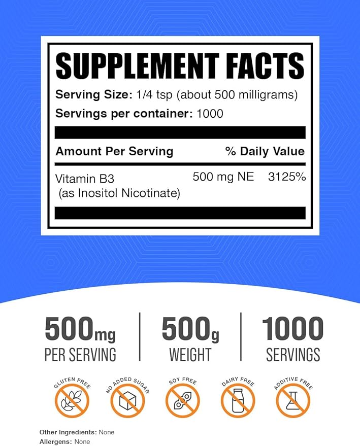 BulkSupplements.com Flush Free Niacin Powder - as Inositol Hexanicotinate Vitamin B3 Supplement Niacin 500mg Flush Free - Gluten Free 500mg of per Serving 500g (1.1 lbs) (Pack of 1)