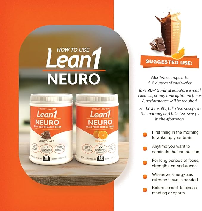 Lean1 Neuro Mental Energy Powder Drink orange flavor 15 serving tub by Nutrition53