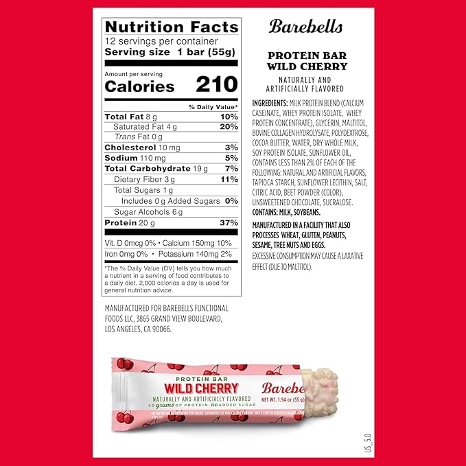 Barebells Protein Bars Wild Cherry - 12 Count Pack of 2 - 1.9oz Bars - Protein Snacks with 20g of High Protein - White Chocolate Protein Bar with 1g of Total Sugars - On The Go Protein Snack &amp Br
