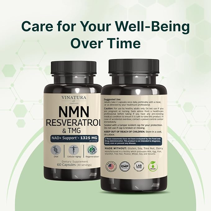 VINATURA NMN Complex Supplement 1325MG - NMN 1000mg with Resveratrol and TMG Support NAD+ 60 Capsules