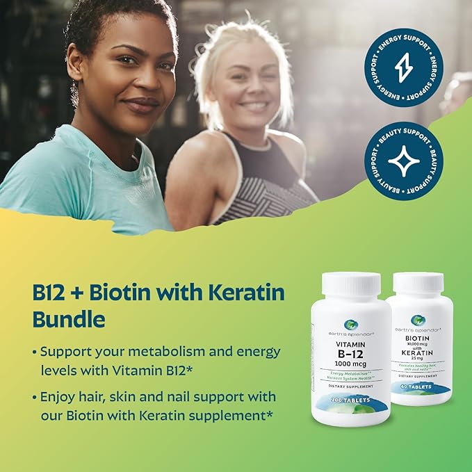 Earth's Splendor Energy &amp Hair Support: Vitamin B12 (200 Tablets) + Biotin 10000 mcg &amp Keratin 25mg (60-Day Supply) - Boosts Energy Hair Nails &amp Skin - No Artificial Colors Gluten Free