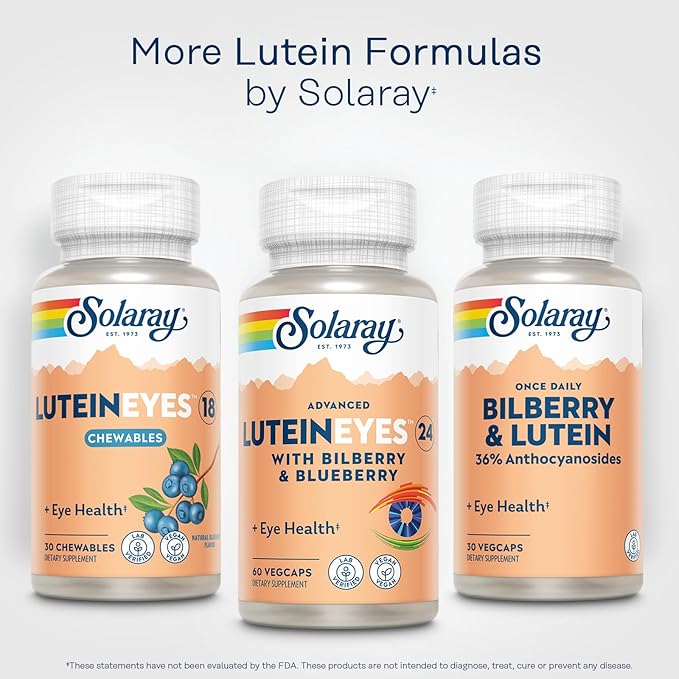 SOLARAY Advanced Lutein Eyes 24 mg - Lutein and Zeaxanthin Supplements - Eye Health Support with Blueberry and Bilberry Extract - Vegan 60-Day Guarantee Lab Verified - 60 Servings 60 VegCaps