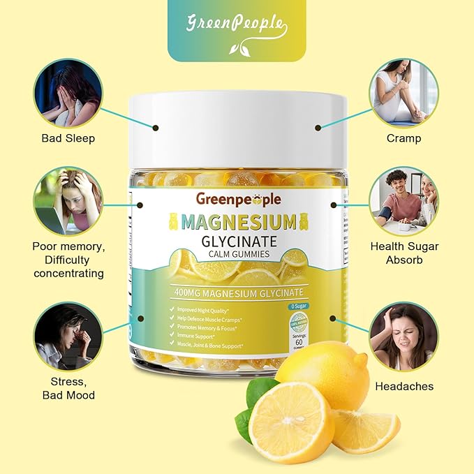 GREENPEOPLE Magnesium Glycinate Gummies 400mg - Sugar Free Magnesium Supplement with Magnesio Citrate Vitamin D and B6 for Calm Support &amp Sleep for Adults - High Absorption - Lemon Gummies