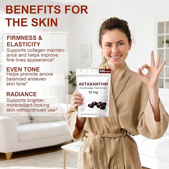 Astaxanthin 12mg Premium Astaxanthin Antioxidant Supplements with Antioxidant Activity Supports Eye Immune Skin Health Internal Circulation-240 Softgels