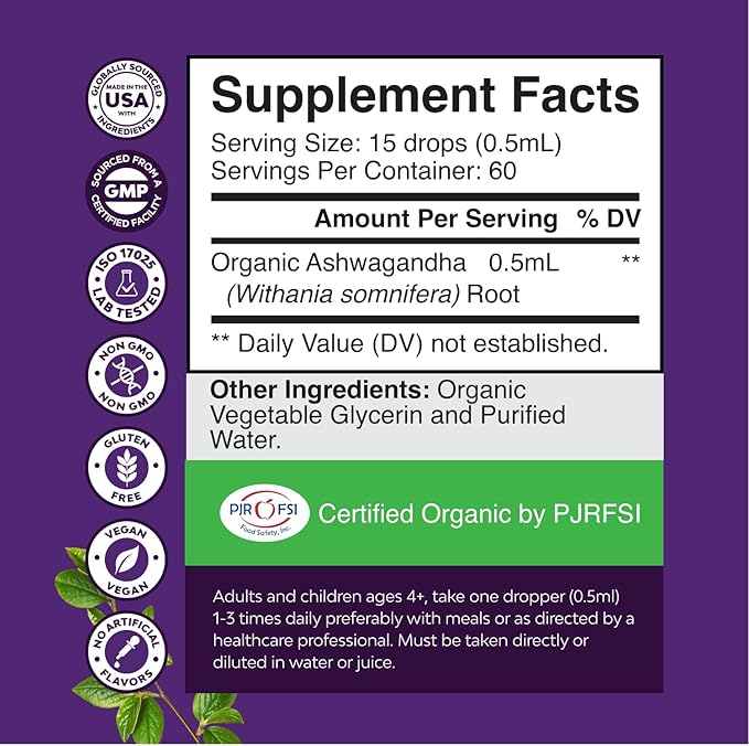 USDA Organic Ashwagandha Liquid Drops - Liquid Ashwagandha Root Extract for Stress and Mood Support - Tasty Adaptogenic Tincture Non GMO Vegan Gluten Alcohol and Sugar Free 1 Fl Oz (Pack of 2)