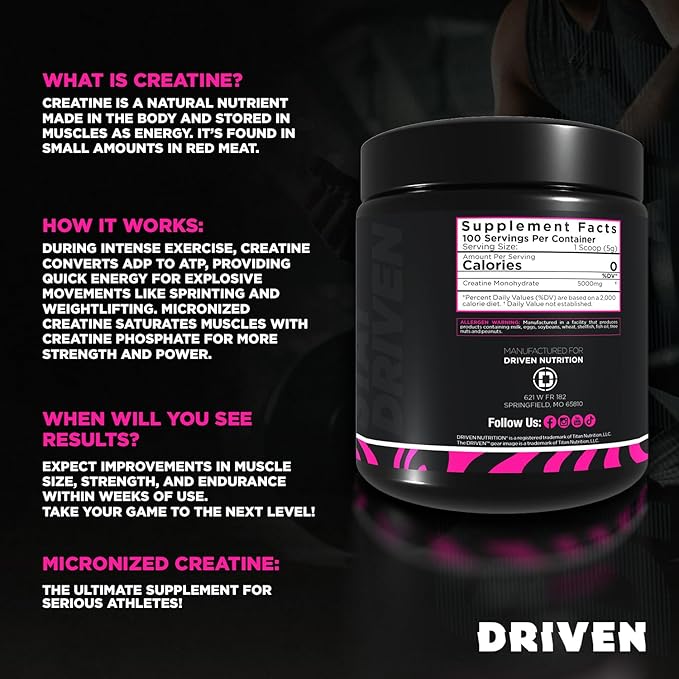 Driven Nutrition Micronized Creatine Monohydrate Powder – 500g | Pure Unflavored 5g Per Serving | Muscle Strength Power Endurance &amp Recovery Supplement
