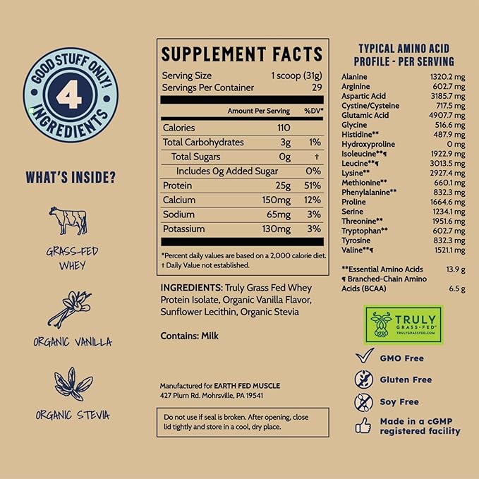 Earth Fed Muscle Whey Back Irish Grass Fed Whey Protein Isolate Third-Party Certified. 25g Protein Vanilla - Non-GMO Hormone Free Soy Free Gluten Free - 2 LB 29 Servings