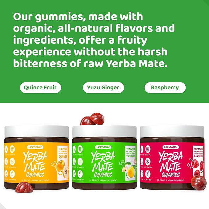 HOLYMARY Yerba Mate Gummies Raspberry Flavor - Energy Focus Power Vegan Non-GMO Natural Ingredients Gluten Free 50 Delicious Supplement Gummies