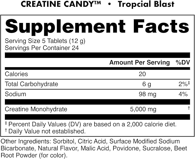 Bucked Up Creatine Candy Tropical Blast | Micronized Creatine Monohydrate | 120 Chewable Tablets 24 Servings | Fizzy Creatine No Water Needed | Non GMO Gluten Free Third Party Tested