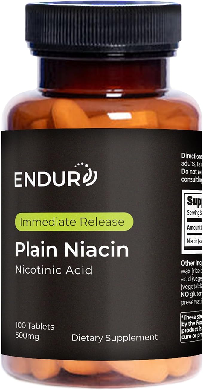 Endur Plain Niacin (Nicotinic Acid) Heart Health &amp Healthy Cholesterol Balance Supplement Immediate-Release Formula Gluten Free 500mg (100 Tablets)