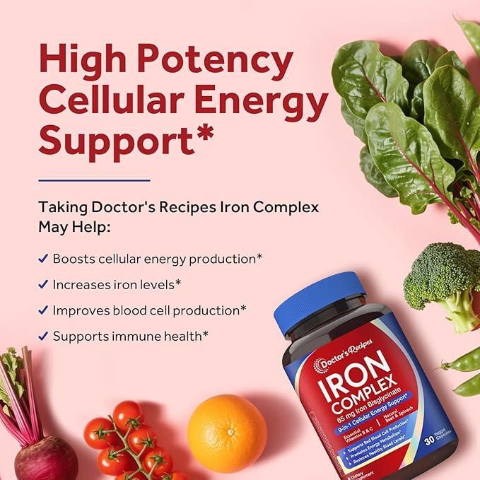 Doctor's Recipes Iron 65 mg &amp Iron Complex Bundle Energy Production &amp Blood Health Stomach Friendly Iron Tablets 60 ct &amp Iron Capsules 30 ct