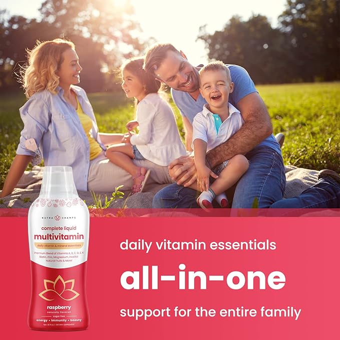 Liquid Multivitamin for Women Men &amp Kids | Sugar Free Liquid Vitamins | Vitamin A B C D E K Biotin Zinc Magnesium | Energy Beauty Immune Support Supplement | Vegan Natural Raspberry