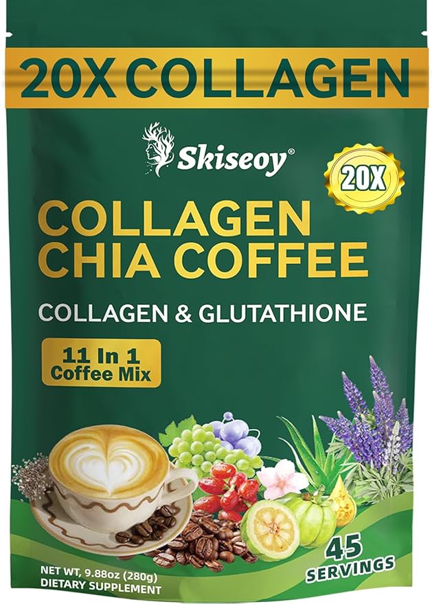 20x Collagen Chia Coffee - 11-in-1 Coffee Shape Mix with Collagen &amp Chia Seeds L-Glutathione for Skin Hair - Boost Energy and Improve Focus Vegan Friendly 45 Servings