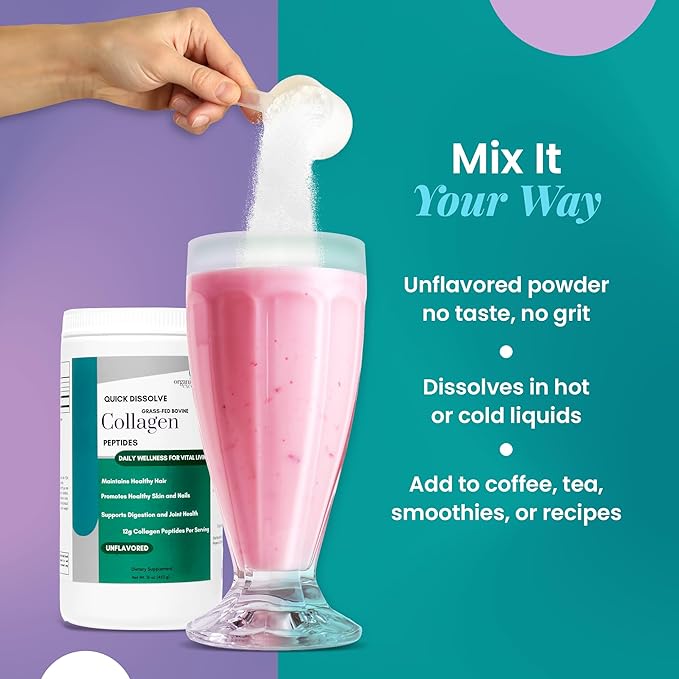 Organic Excellence Collagen Peptides Grass-Fed Bovine Unflavored Collagen Powder Type I &amp III Hydrolyzed Collagen Support Skin Joints Gut Hair Nails Non-GMO 12g Protein/Serving 16 oz (453