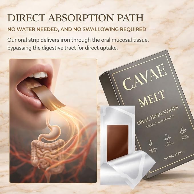 Cavae Melt Oral Iron Strips with Folate Ferrovia Iron Supplement for Women19mg Elemental Iron Per StripGentle &amp Fast-Dissolving Film for Energy - No Water NeededRaspberry Flavor30 Servings (1