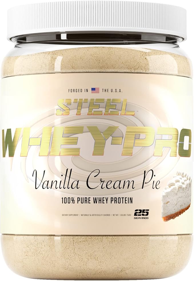 Steel Supplements Whey-Pro | 100% Pure Whey Protein Powder for Men and Women | Vanilla Cream Pie | Muscle Gain &amp Lean Muscle Recovery | Gluten Free | 1.65 lbs | BCAA 5g | Non-GMO | 25 Servings