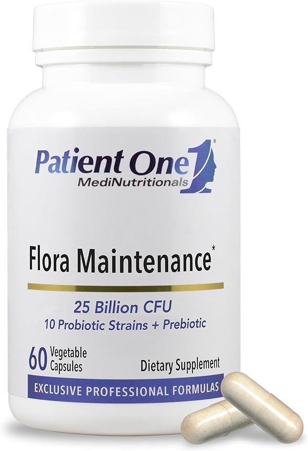 Patient One Flora Maintenance | Probiotic Supplement to Aid Balanced Intestinal Flora* | 25 Billion CFU 10 Probiotic Strains Prebiotic | 60 Capsules