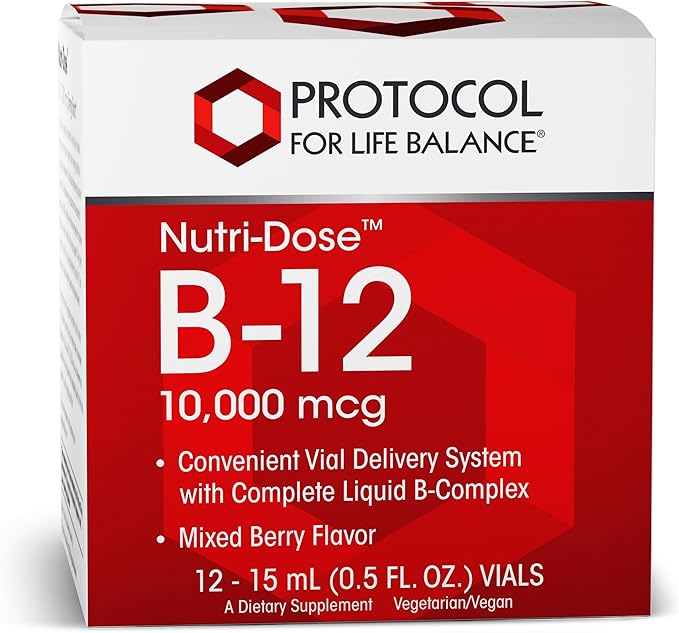 PROTOCOL FOR LIFE BALANCE Nutri-Dose B-12 10000mcg - Liquid Vitamin B-12 - for Energy Nerve Health &amp Metabolism Support* - with Folate &amp Biotin - Convenient Vials - High Potency B-12-12