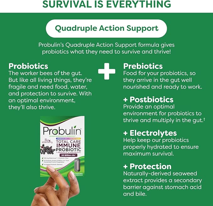 Probulin Total Care Immune = Prebiotics + Probiotics + Postbiotics + Elderberry to Support Immune &amp Gut Health - 20 Billion CFU - 10 Strains - 30 Vegan Capsules (Pack of 3)