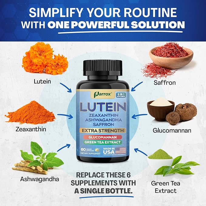 Lutein Supplement with Zeaxanthin Ashwagandha Saffron Green Tea Extract Glucomannan Eye Vitamins for Adults Vision Health Supplement Plant-Based Formula for Daily Support (60 Caps)