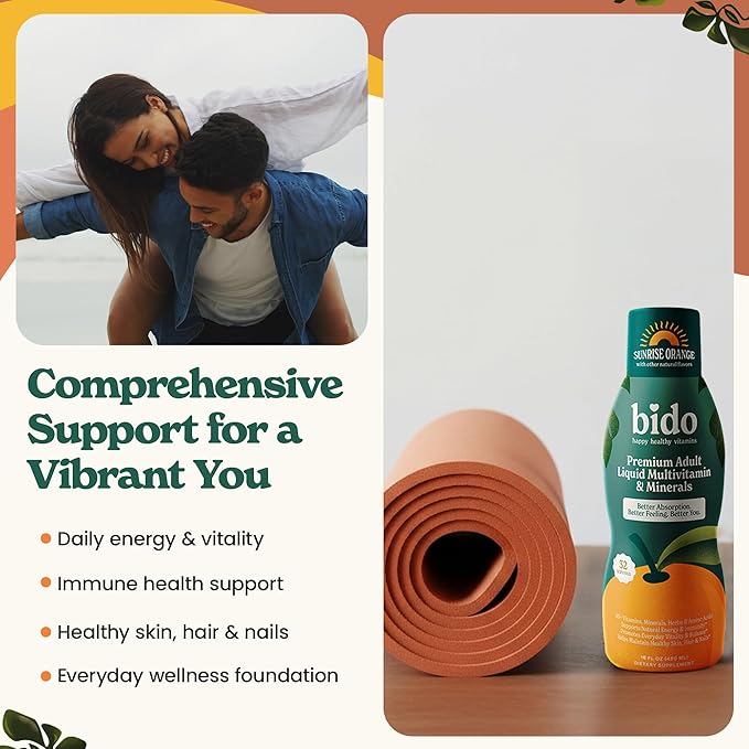 Bido Adult Liquid Multivitamin &amp Minerals for Women and Men | 60+ Nutrients for Energy Immunity Mood | Orange Flavor 32 Servings