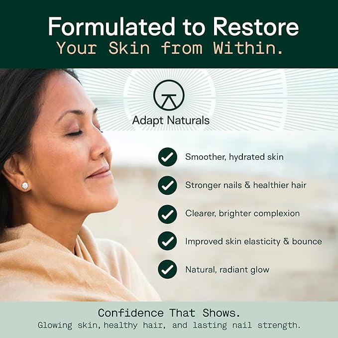 Adapt Naturals Inner Radiance Hair Skin and Nails Vitamins for Women and Men with Biotin Collagen Hyaluronic Acid Vitamin C &amp Ceramides - Thicker Hair Stronger Nails &amp Hydrated Skin Supple