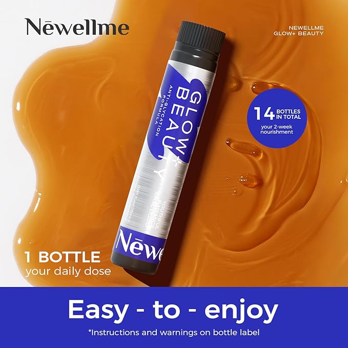 NEWELLME Glow+Beauty Collagen Drink – Liquid Beauty Supplement with Hyaluronic Acid &amp Antioxidant Complex Supports Skin Hydration Hair &amp Nail Strength 14 Bottles