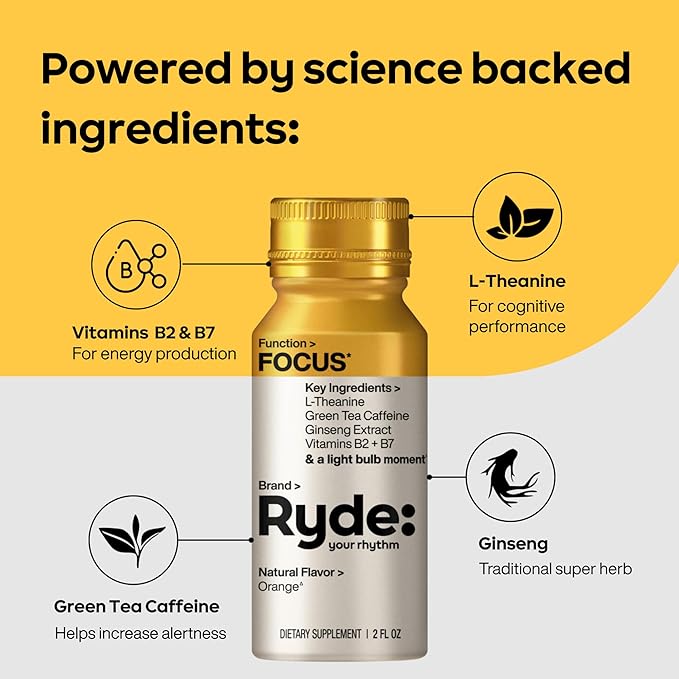 Ryde: Focus Shot | Orange Flavor | L-Theanine &amp Ginseng | Green Tea Caffeine | Vitamins B2 &amp B7 | 0 Calories 0 Sugar | 2 FL OZ Shots | Supports Focus* (24 Pack)