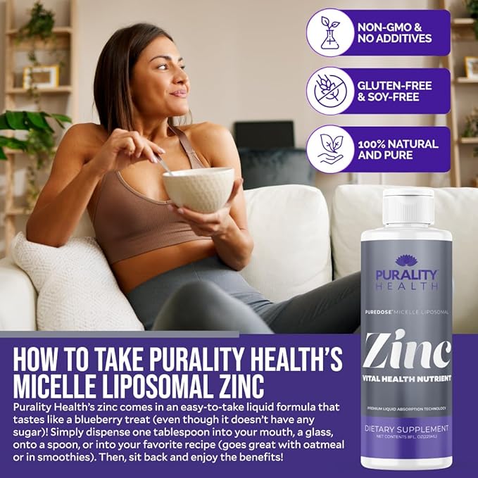 Liposomal Zinc Purality Health15mg of Zinc per Serving Liquid Zinc Blueberry Flavor Vegan Gluten-Free 15 Day Supply
