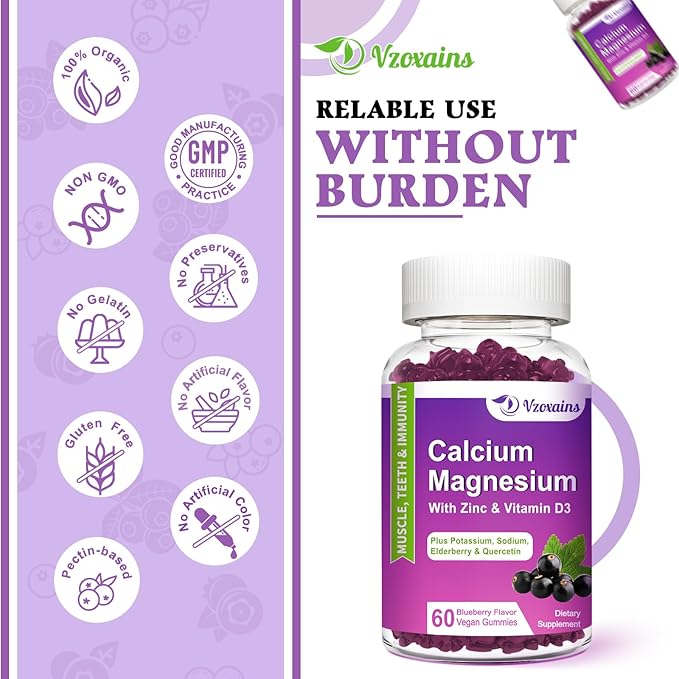 High Absorption Calcium Gummies Calcium Magnesium Zinc with Magnesium Glycinate Potassium Vitamin D3 for Women &amp Men- Blueberry Flavor 120 Cts