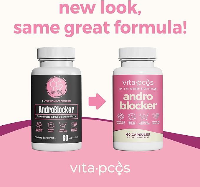 VITA-PCOS AndroBlocker Balance Supplement for Women - Stinging Nettle Capsules with Zinc &amp Inositol for Unwanted Facial Hair &amp Healthy Period - Saw Palmetto for Women Energy &amp Vitality - 6