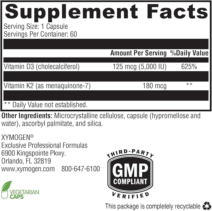 XYMOGEN K2-D3 5000 - Vitamin D3 K2 Supplement for Immune Bone &amp Cardiovascular Support* - Non-GMO Gluten Free Vegetarian - 60 Capsules
