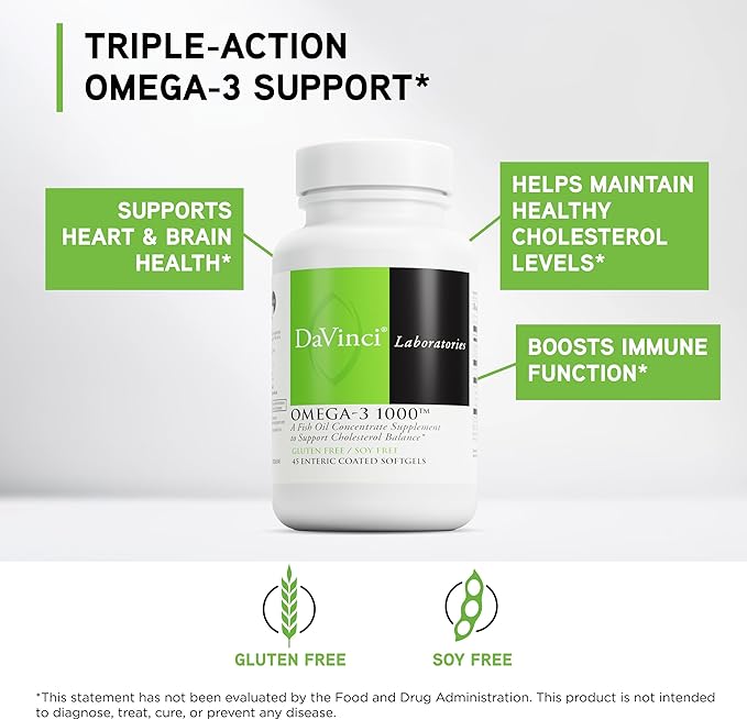 DAVINCI Labs Omega-3 1000 - Dietary Supplement to Maintain Already Normal Cholesterol Levels and Support Immune System Healthy Hair and Skin* - Gluten-Free - 45 Enteric Coated Softgels