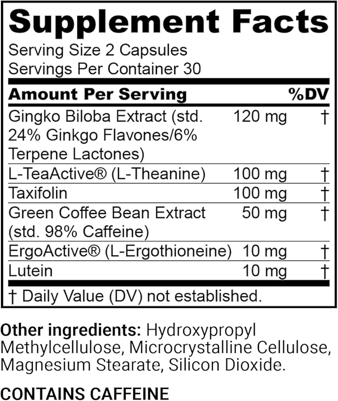 FLT Cognition Supplement – Focus Improved Memory Recall &amp Clarity Nootropic with Ergothioneine L-Theanine Gingko Biloba Lutein &amp Green Coffee Bean Extract – 60 Capsules | Vegan