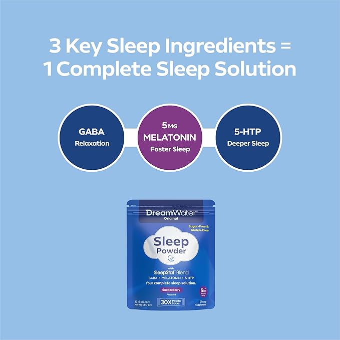 Dream Water Sleep Aid Powder Melatonin 5mg GABA 5-HTP Natural Flavors Helps You to Fall Asleep Fast and Wake Refreshed Snoozeberry 30-Count.