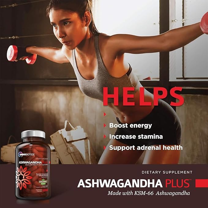 OmniBiotics Organic Ashwagandha Supplement – 1300mg Total Strength – 900mg Organic Root Powder &amp 400mg KSM-66 Extract – Stress Relief Mood &amp Sleep Support – Non-GMO – 120 Vegan Capsules