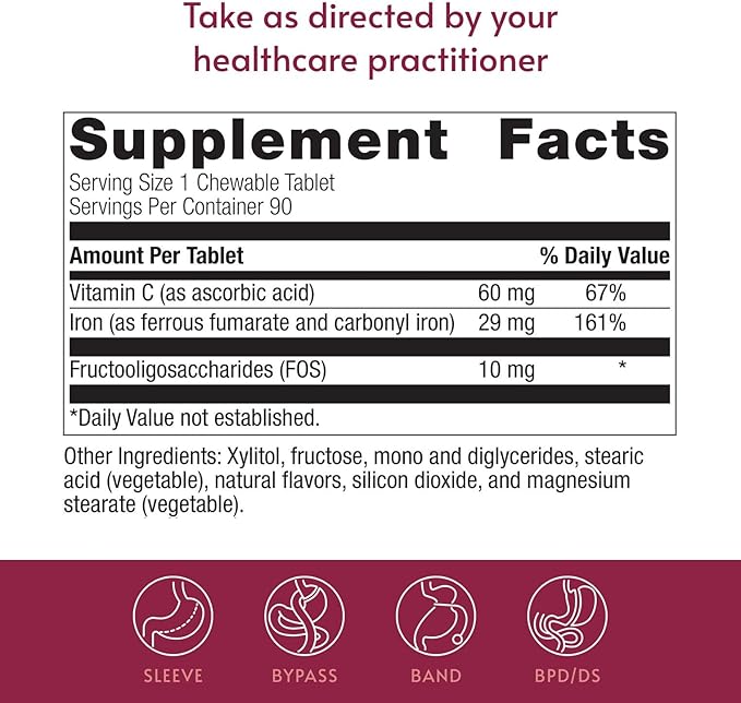 Bariatric Advantage Chewable Iron 29 mg - for Bariatric Surgery Patients - Iron with Vitamin C - No Iron Taste - Ferrous Fumarate &amp Carbonyl Iron Supplement - Passion Fruit - 90 Count