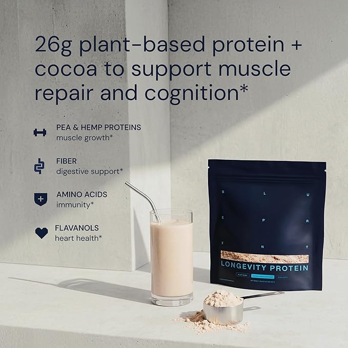 Blueprint Bryan Johnson Chocolate Protein Powder – Vegan Plant-Based Supplement with Cocoa Powder – Clean Ingredients – 26g Protein per Serving – Non-GMO – 30 Servings