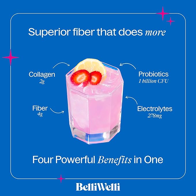 Belli Welli Daily Fiber Supplement Bundle - Strawberry Lemonade &amp Watermelon - Collagen Probiotics &amp Electrolytes for Balanced Wellness - Refreshing Flavors 32 Servings Total