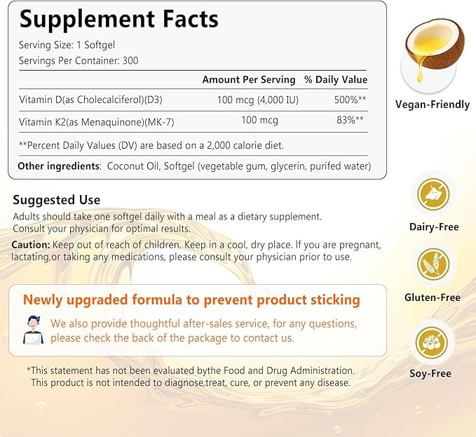 VEV Vitamin D3 K2 4000 IU 100 mcg MK-7 300 Softgels with Coconut Oil Easy to Swallow K2 D3 Vitamin Supplement Daily Nutrient Support
