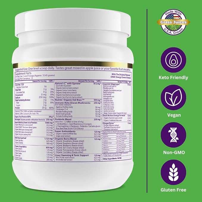 Paradise Herbs ORAC Energy Protein &amp Greens Powder Antioxidant Power of 24 Servings of Fruits &amp Vegetables in 1 Scoop + 20g Protein Unflavored 15 Servings
