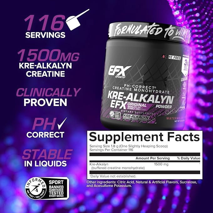 EFX Sports Kre-Alkalyn EFX Powder | pH Correct Creatine Monohydrate Powder Supplement | Strength Muscle Growth &amp Performance | 116 Servings (Watermelon Gummy)