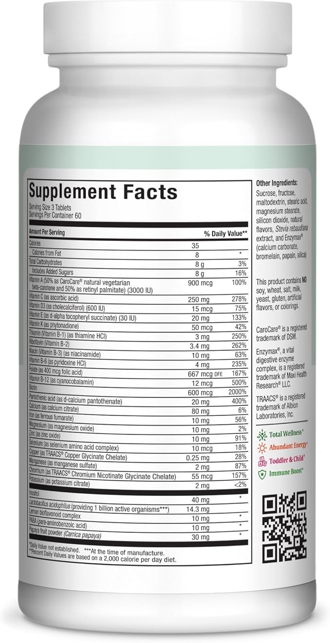 Maxi Health Chewable Multivitamin for Kids Teens and Adults - Cherry Chewable Vitamins for Adults &amp Children - Kosher Kids Multivitamin + Iron (180 Tablets)