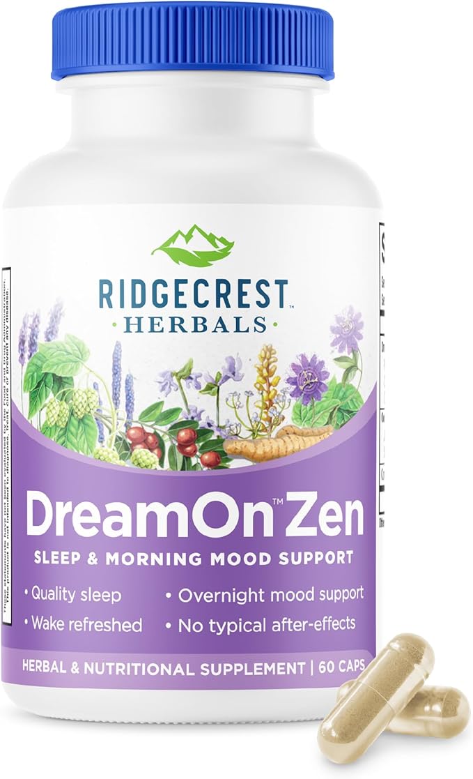 Ridgecrest Herbals DreamOn Zen Sleep Support Supplement Melatonin Free Magnesium 5-HTP Lavender Chamomile Valerian Lemon Balm for Adults and Children 12+ (60 Caps 30 Serv)