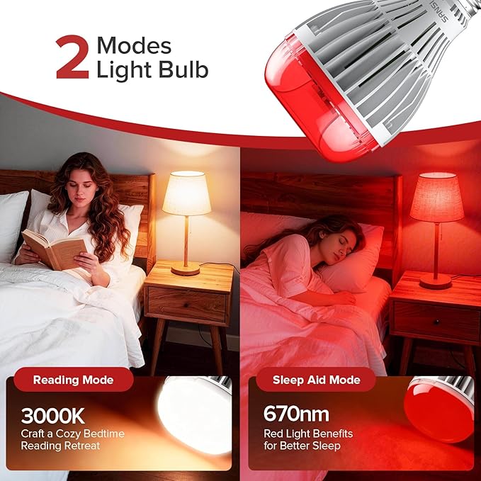SANSI 670nm Red Light Bulb for Sleep Therapy with Remote Timer Dimmable Zero Blue Light for Melatonin Promoting Dual Mode Natural Sleep Aid &amp 3000K Reading Light 25W A21 E26 for Bedroom