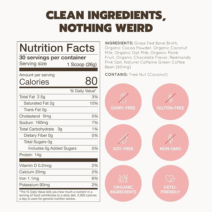 Bone Broth Protein Powder Grass Fed Collagen with 14g Complete Protein &amp 60mg Caffeine Gluten Free Keto &amp Dairy Free Organic &amp Clean Ingredients Caffeinated Chocolate 12 Servings