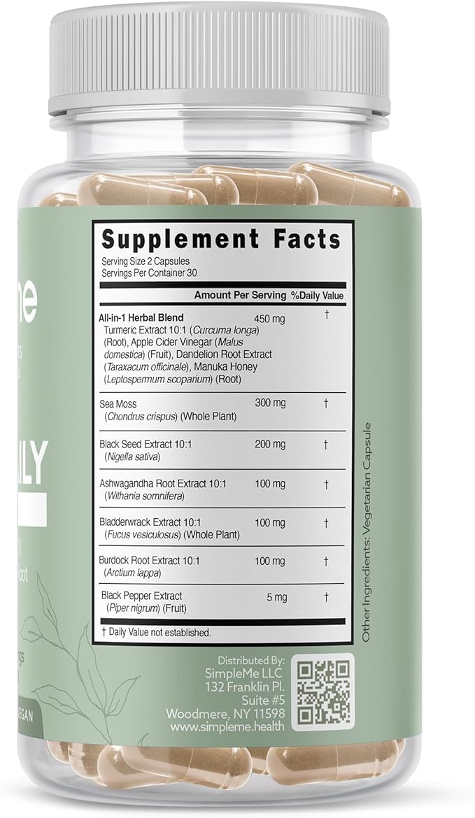 Burdock Root Organic and Bladderwrack 10 in 1 Immunity Booster Power Blend with Irish Sea Moss Ashwagandha and Black Seed Supplement for Men and Women Seamoss Pills Herbal Vegan - 60 Capsules