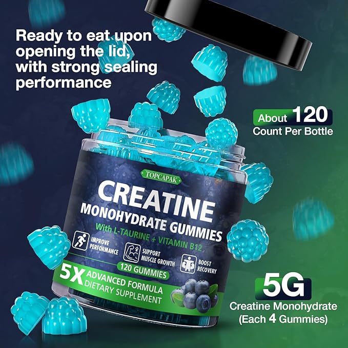 Creatine Gummies for Men &amp Women - Chewable Creatine Monohydrate Gummies with Taurine &amp Vitamin B12 5g Creatine per Serving Blueberry Flavor Raspberry-Shaped - 120 Count