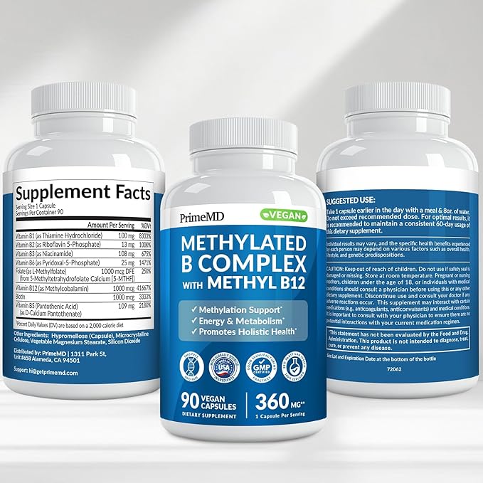 Methylated B Complex with Methylfolate and B12 Methylcobalamin 1000 mcg - Methylated Multivitamin for Energy Brain Function and Wellness - Vitamin B Complex for Men &amp Women (360 Servings Pack o